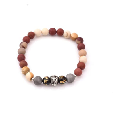 Round Beaded Stretch Bracelet, 8 mm Grey Druzy, Om Mani Onyx and Matte Mookite  Beaded Bracelet with Real Silver Plated Spacer Beads.