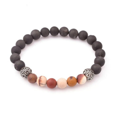 Stretch Bracelet, 8mm Natural Round Black Druzy, Mate Mookite Beads Stretch Bracelet With Antique Silver Plated Beads