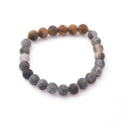 Stretch Bracelet, 8mm Natural Round Matte Tiger Eye with Black Cracked Agate Beaded Stretch