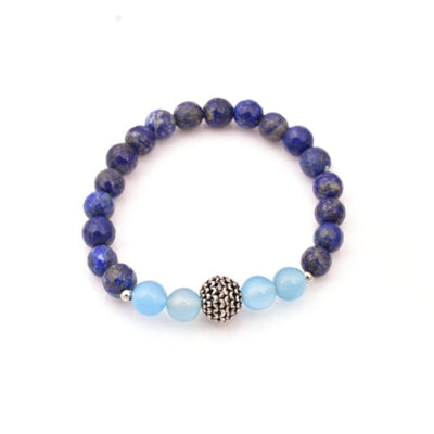 Round Beaded Stretch Bracelet, 8mm Faceted Lapis Lazuli And Light Blue Onyx With Real Silver Plated Bead Bracelet.