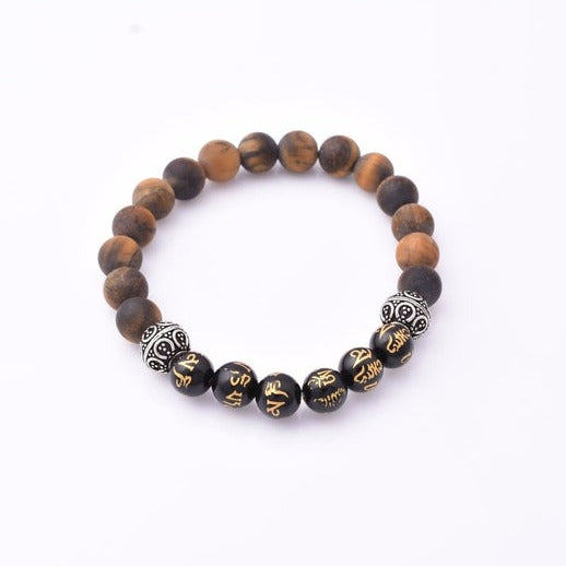 Round Beaded Stretch Bracelet, 8mm Round Natural Matte Tiger Eye and Black Om Mani Onyx Beaded Bracelet with Silver Plated Metal Beads