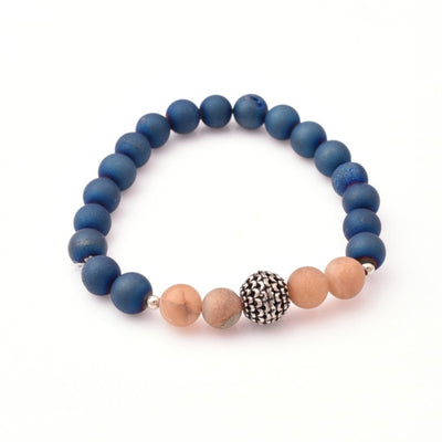 Round Beaded Stretch Bracelet, 8mm Round Natural Blue And Peach Druzy Beaded Bracelet with Silver Plated Metal Beads
