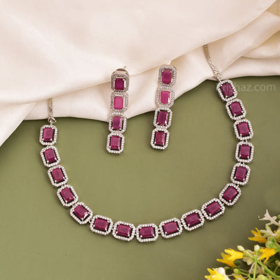 Neema Octo Design Rhodium Plated Cz American Diamond Necklace Set