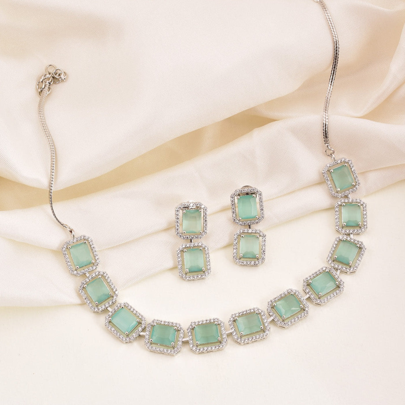 Octo Design Rhodium Plated Cz American Diamond Necklace Set