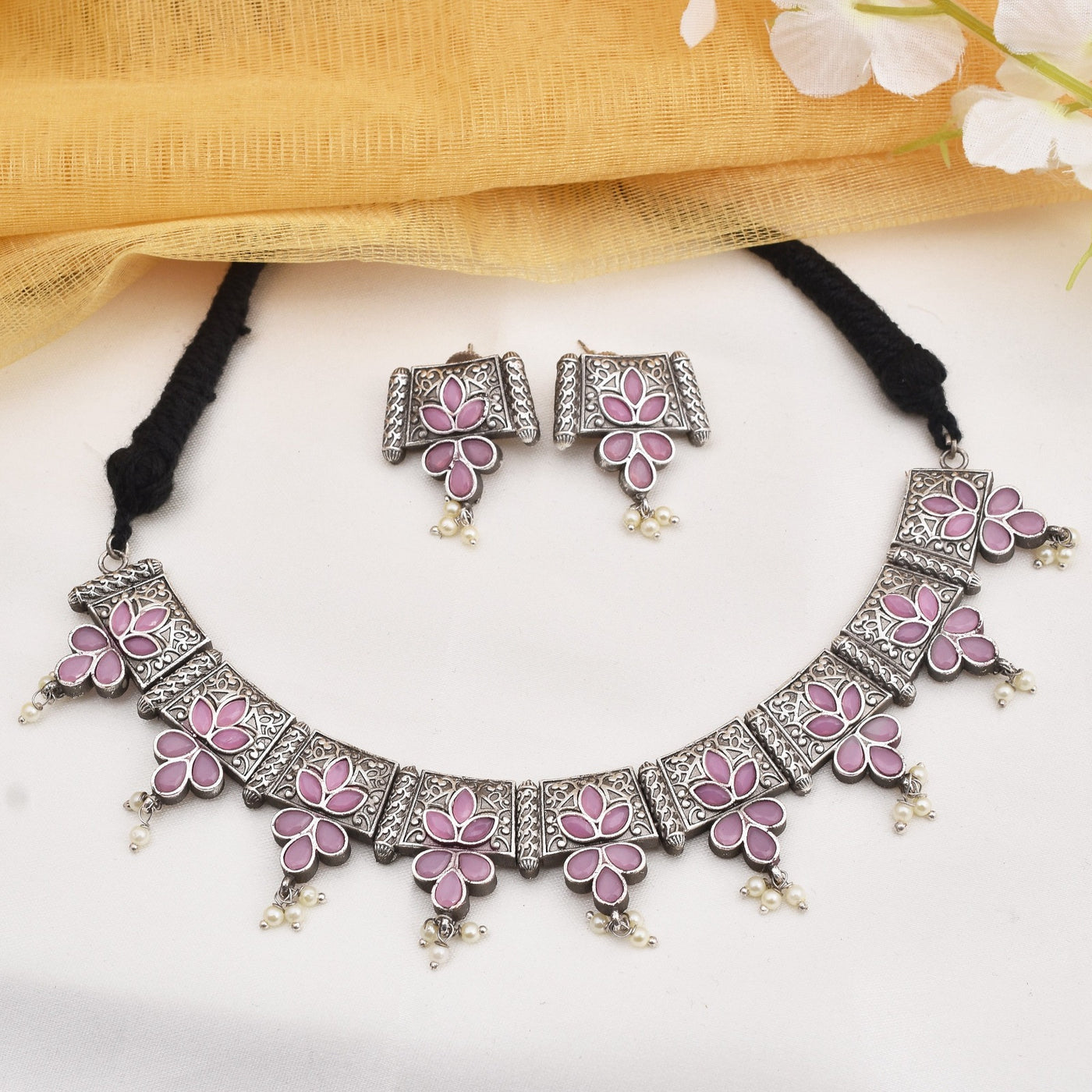 Malvika Silver Look Alike Heavy Look Necklace with Matching Earrings Set