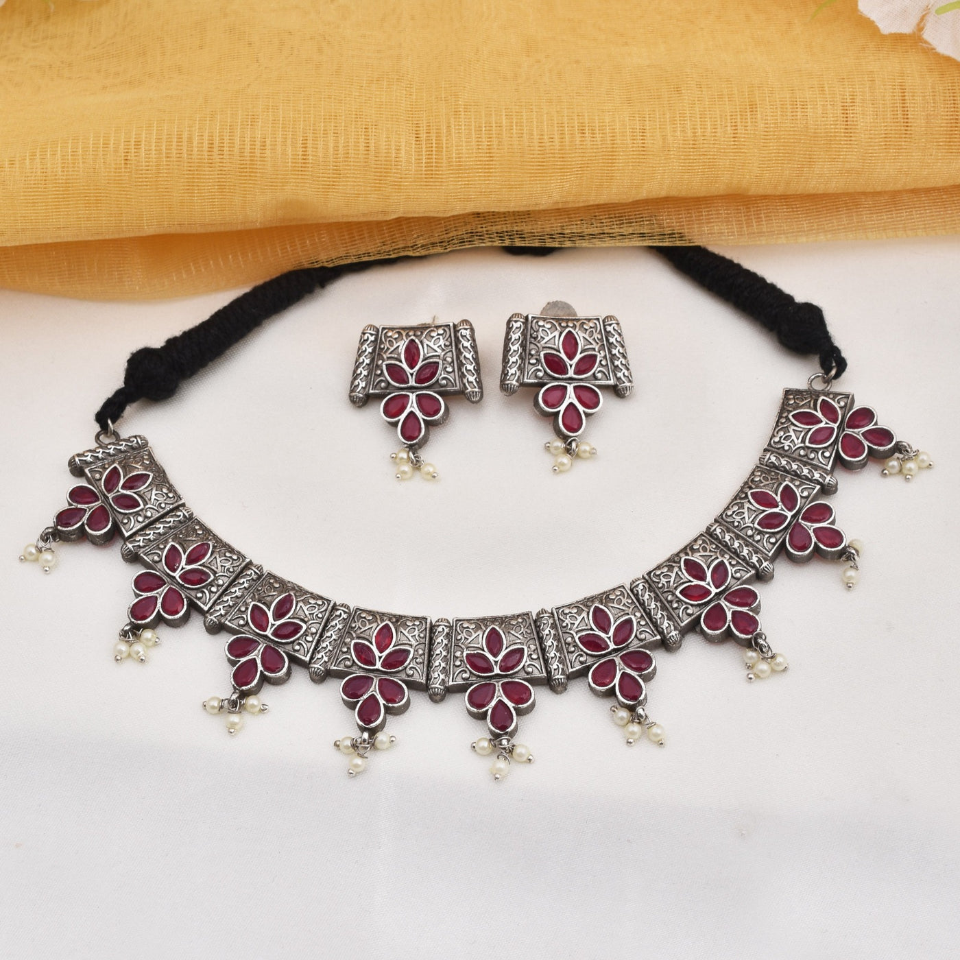 Malvika Silver Look Alike Heavy Look Necklace with Matching Earrings Set